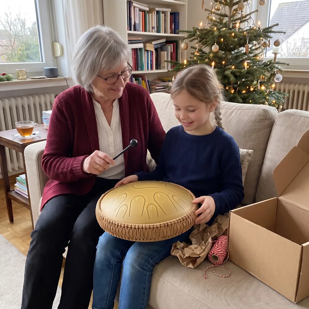 Großmutter und Enkelin spielen am Weihnachtsnachmittag gemeinsam auf der goldenen Sonodrum Zungentrommel, daneben Geschenkpapier